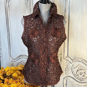 MK SOLO Vintage  Elegant Brown 3D Lace Sleeveless Collar Button Down